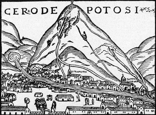 A 1552 image of Potosi. At its peak the settlements around the silver mines had 160,000 inhabitants.        By Pedro Cieza de León (Crónica del Perú, 1552) [CC BY-SA 4.0 (https://creativecommons.org/licenses/by-sa/4.0)], via Wikimedia Commons.