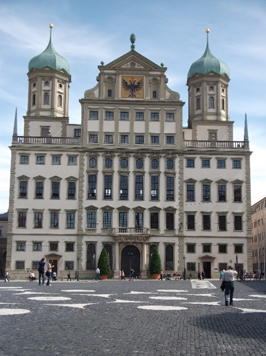 The façade Elias Holl’s early 17th century Rathaus from Augsburg’s expansive Rathausplatz